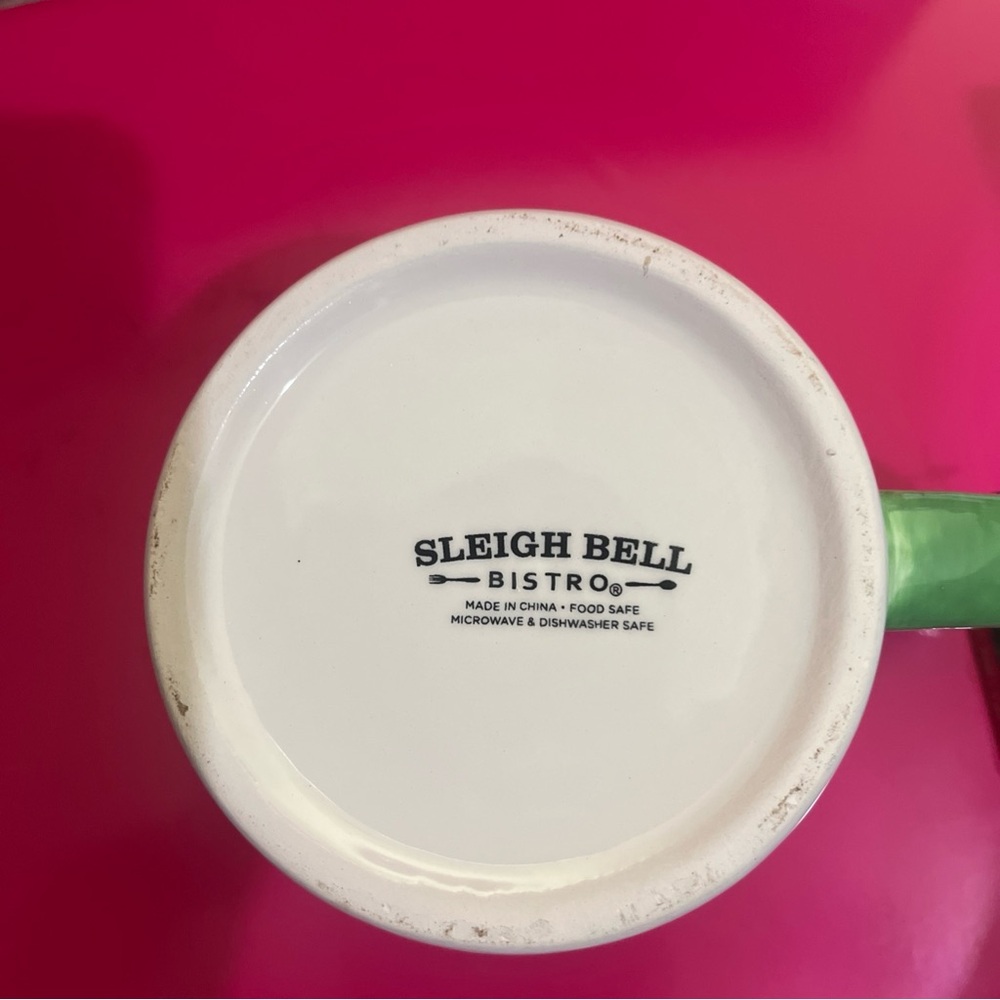 JOY Sleigh Bell Bistro Coffee Tea Mug White Red Letters Green Rim Handle 20 oz - Picture 3 of 4